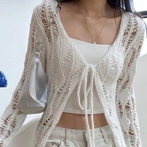 White Crochet Tie Front Cardigan